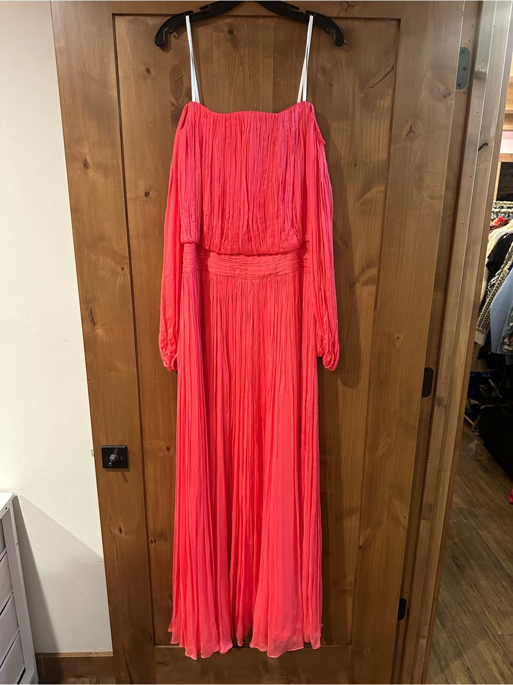 Halston Coral Pink Off-Shoulder Pleated Maxi Dress
